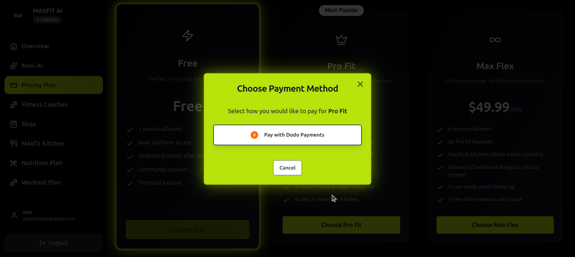 User Dashboard and AI interaction interface