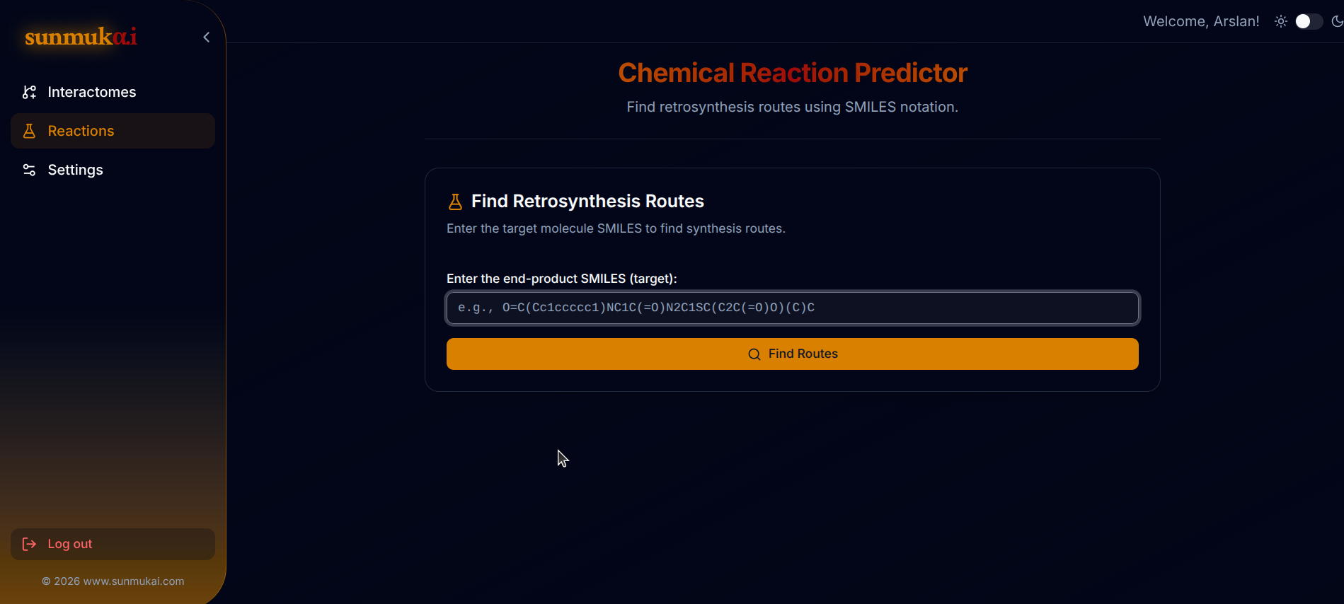 Interactive SMILES chemical input form and route parameters